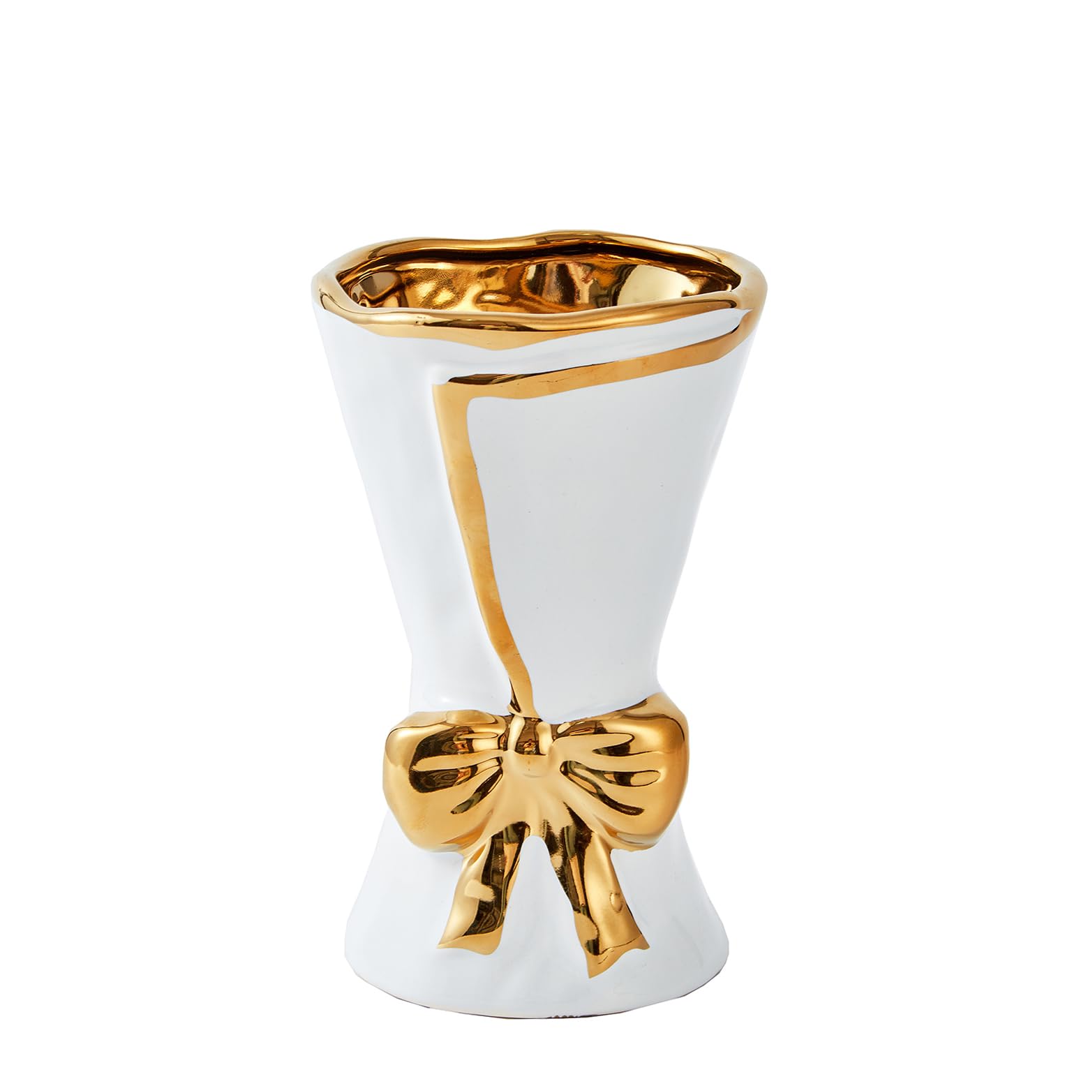 Ottalent White Ceramic Vase with Gold Bow, Bouquet Wrapping Design Flower Vase, Decorative Vase for Home,Bedroom, Office, Living