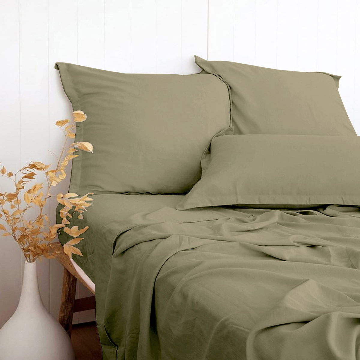 Pandatex Olive Green Twin Xl Size 3 Piece Sheet Set, Linen-Textured Rayon Derived From Bamboo Cotton Blend Sheets, Soft Breathab