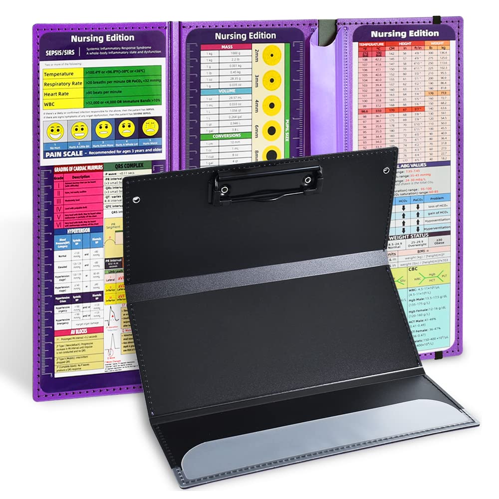 Vuzvuv Nursing Clipboard Foldable, Purple Nurse Pocket Clipboard 3 Layers With Nursing Medical Edition Cheat Sheets, Foldable Nu