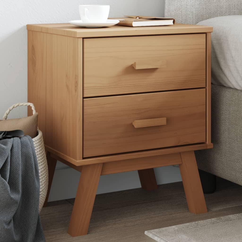 vidaXL Olden Brown Solid Pine Wood Bedside Cabinet - Scandinavian Nightstand with 2 Drawers and Wooden Feet for Bedroom/Lounge