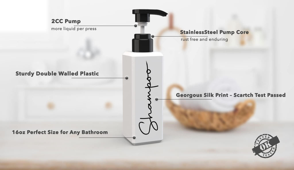 TwoP Brands Luxury Shampoo & Conditioner Dispenser Set - 3 Refillable Pump Bottles - White - Model shco2