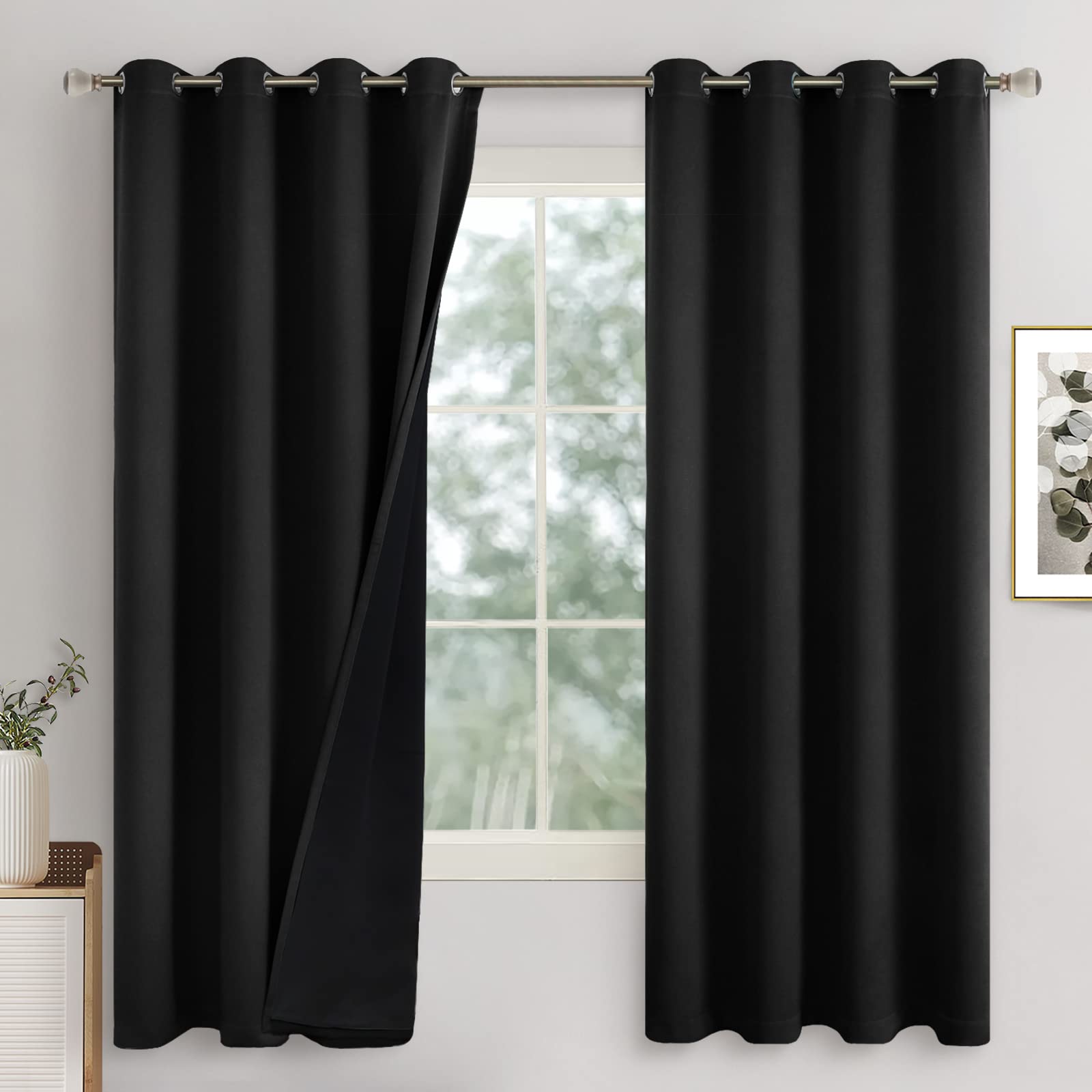 Quemas Black Blackout Curtains 72 Inch Length 2 Panels For Living Room, Thermal Insulated 100% Light Blocking Soundproof Grommet