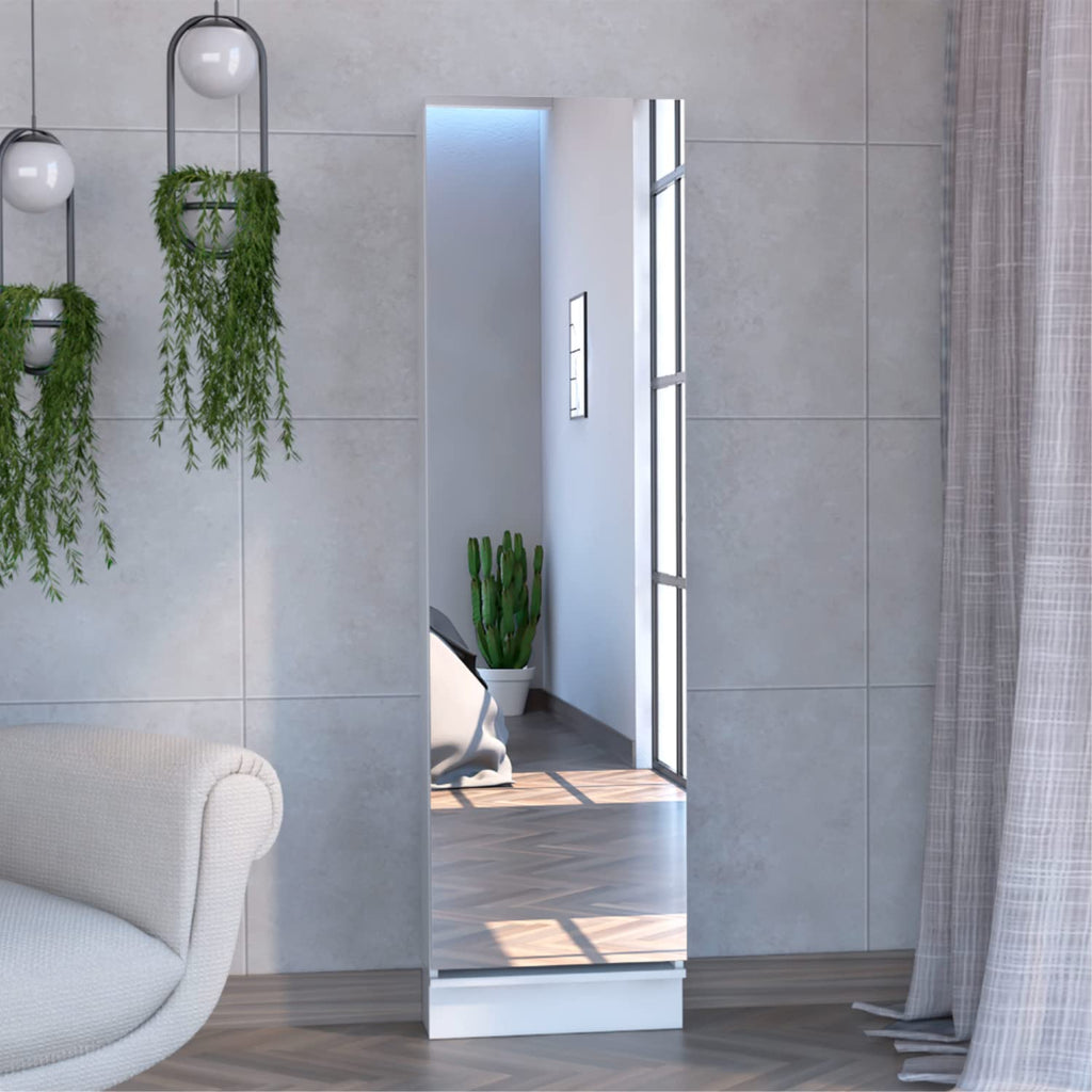 Shoe Rack 67" H, 5 Internal Storage Shelves, A Mirror, A Door, Approximate Capacity of 10 Pairs of Shoes, White