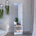 Shoe Rack 67" H, 5 Internal Storage Shelves, A Mirror, A Door, Approximate Capacity of 10 Pairs of Shoes, White