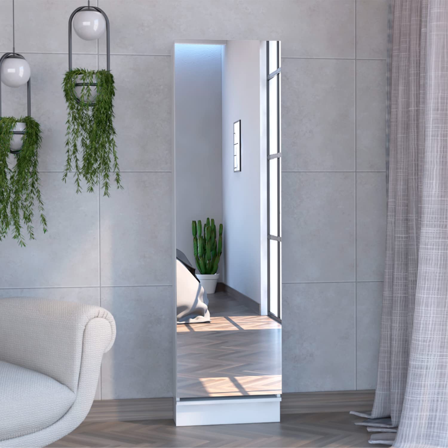 Shoe Rack 67" H, 5 Internal Storage Shelves, A Mirror, A Door, Approximate Capacity of 10 Pairs of Shoes, White