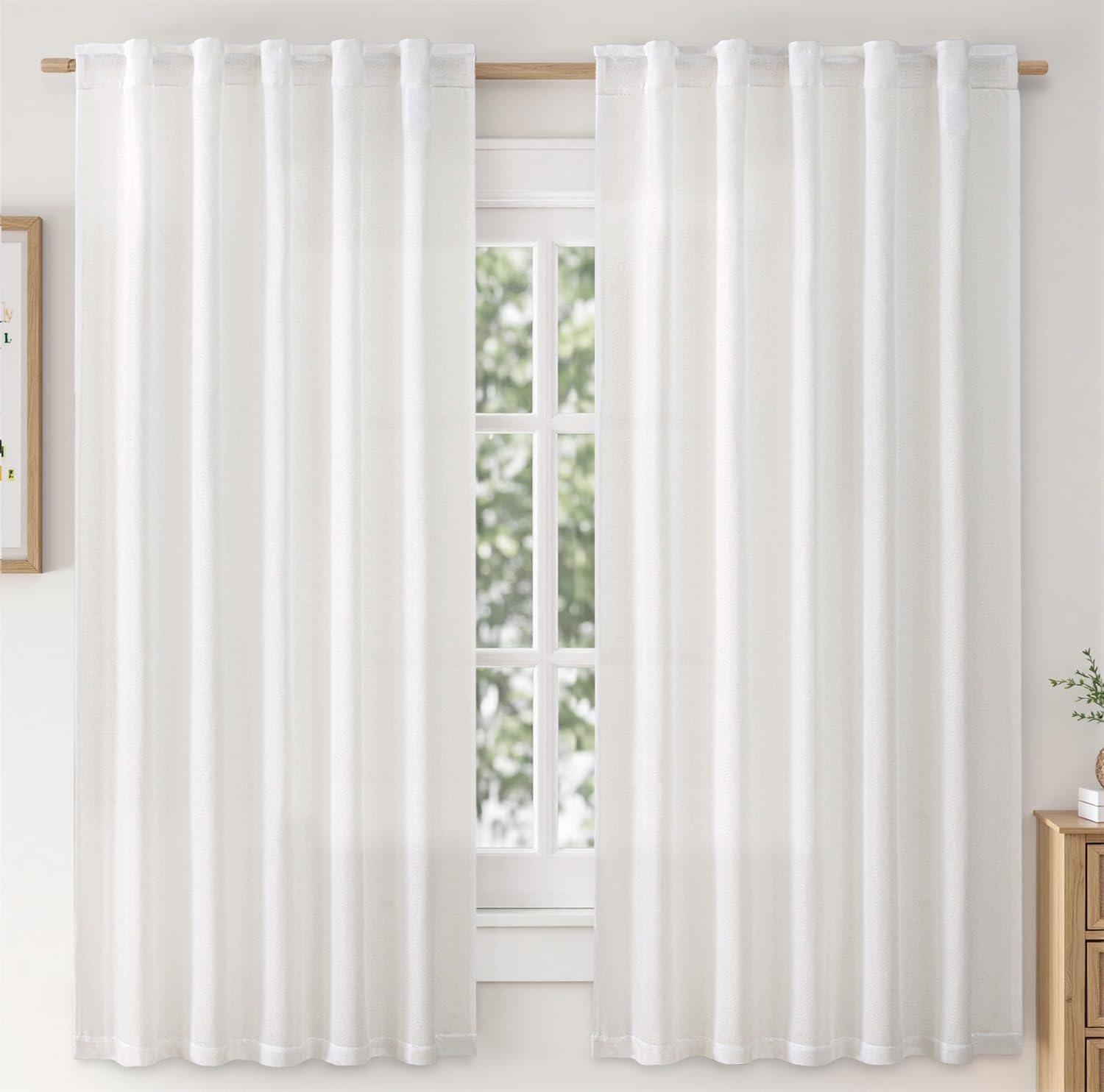 MIULEE Faux Linen Curtains 63 Inch Length 2 Panels Heathered White Semi Sheer Curtain with Back Tab Rod Pocket, Light Filtering 