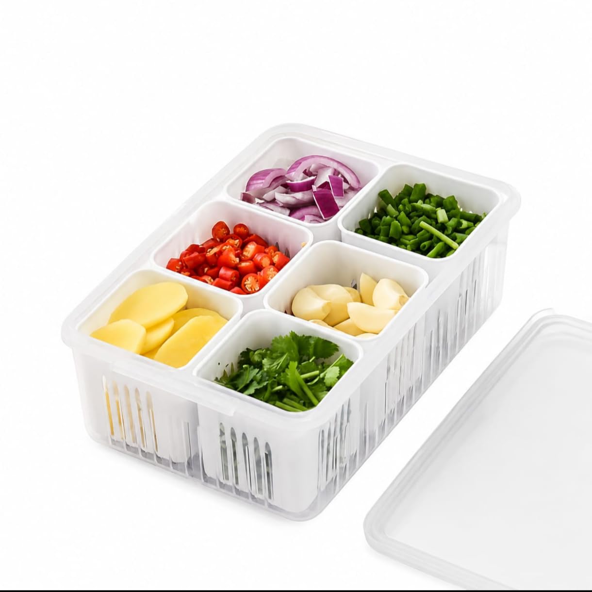 6Compartment Kitchen Storage Organiser Box, BpaFree Plastic, For Vegetables, Spices, Herbs And Meal Prep