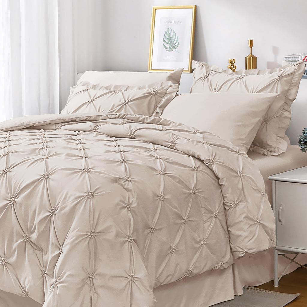 Jollyvogue Queen Comforter Set 7 Pieces, Beige Bed In A Bag Comforter Set For Bedroom, Bedding Comforter Sets With Comforter, Sh