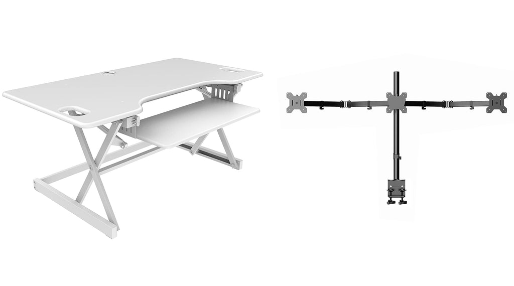 Rocelco 46" Large Height Adjustable Standing Desk Converter with Triple Monitor Mount BUNDLE - Quick Sit Stand Up Computer Workstation Riser - Retractable Keyboard Tray - White (R DADRW-46-DM3)