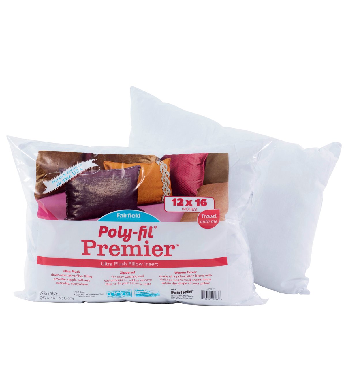 Fairfield Poly-Fil Premier Accent/Travel Pillow Insert, 12' X 16', White,Jp1216