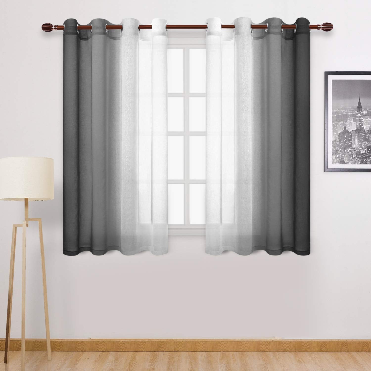 Dwcn Faux Linen Ombre Sheer Curtains - Semi Voile Gradient Bedroom And Living Room Curtains, Set Of 2 Grommet Top Window Curtain