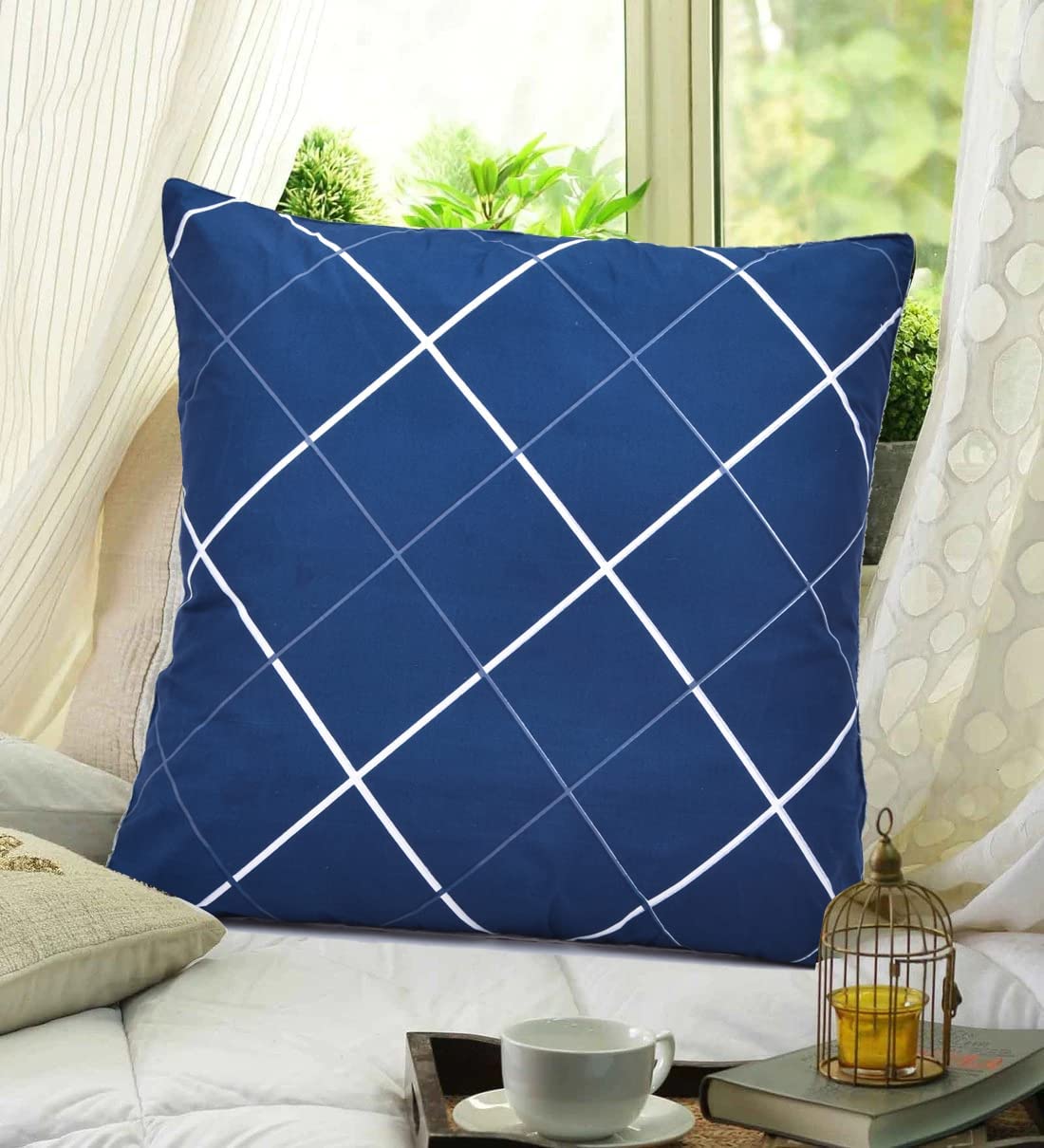 Amazon Brand  Umi Printed Super Soft Brushed Microfiber Cushion Cover| Set Of 2 Cushion Covers (24X24, Blue)