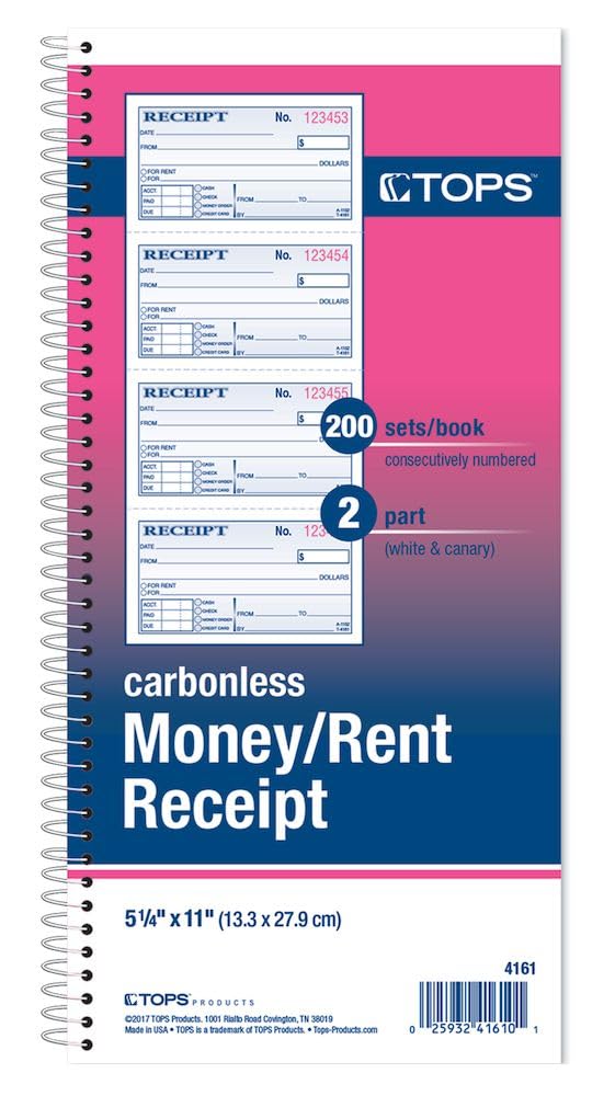 Tops Money/Rent Receipt Book, 2-Part, Carbonless, 11 X 5.25 Inches, 4 Receipts/Page, 200 Sets Per Book (4161) , White