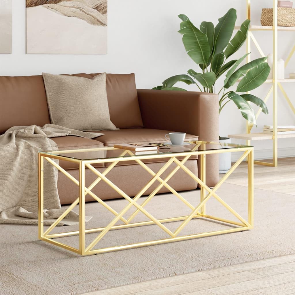 vidaXL Stainless Steel and Glass Coffee Table - 43.3"x17.7", Gold Frame, Tempered Glass Top, Industrial Chic, Spacious Rectangular Accent Living Room Table