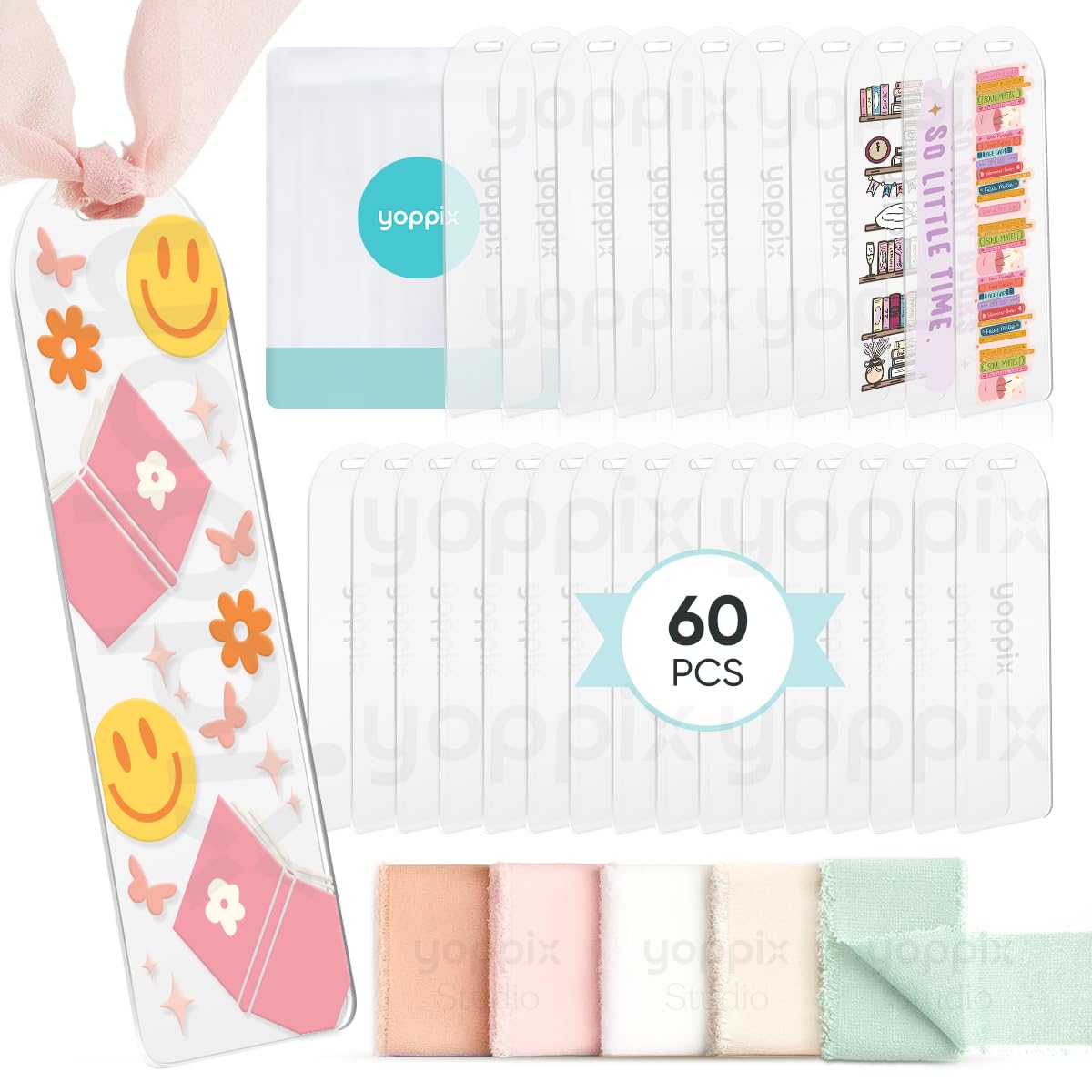 YOPPIX 60 Pieces Acrylic Bookmark Blanks- 6x2   Acrylic Bookmarks with 60 Pcs Ribbon for Reading Lovers DIY Crafts Hanging Tag G