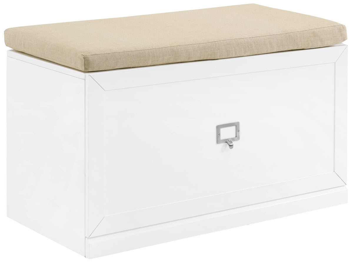 Crosley Furniture Harper Entryway Storage Bench With Shoe Rack Organizer Drawer, White/Tan