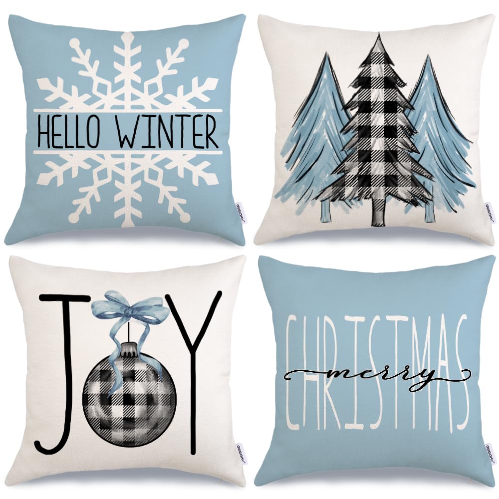 Geeory Christmas Pillow Covers 18X18 Set Of 4 For Xmas Decorations Christmas Tree Joy Snow Merry Christmas Throw Pillow Cases Wi