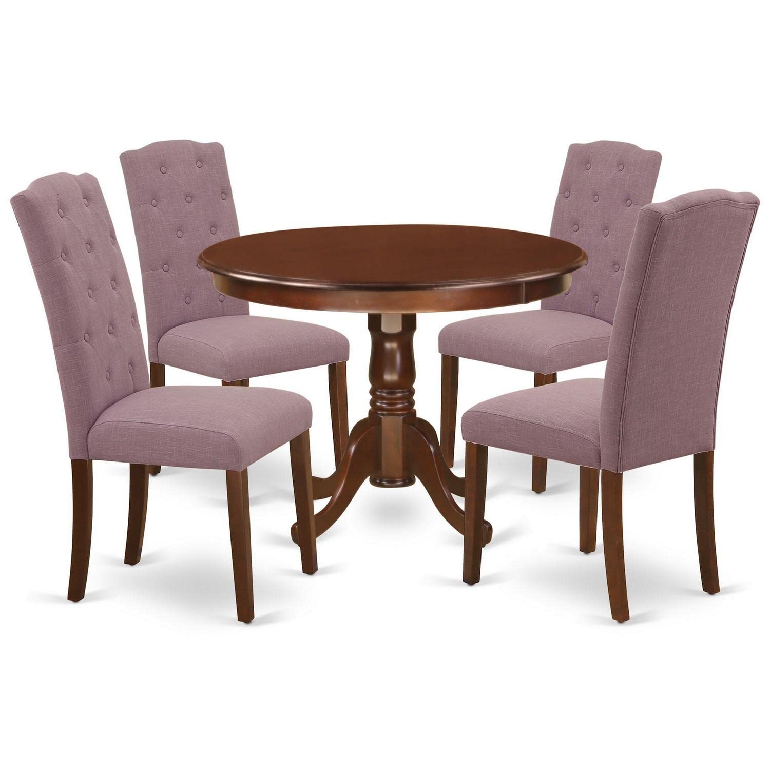 East West Furniture Hlce5-Mah-10 5 Piece Dining Set Includes A Round Dining Room Table With Pedestal And 4 Dahlia Linen Fabric Upholstered Parson Chairs, 42X42 Inch, Mahogany