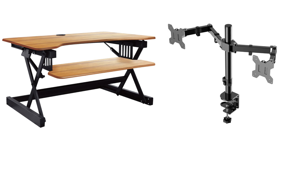Rocelco 40" Large Height Adjustable Standing Desk Converter with Dual Monitor Mount BUNDLE - Quick Sit Stand Up Computer Workstation Riser - Retractable Keyboard Tray - Teak Wood Grain (R DADRT-40-DM2)