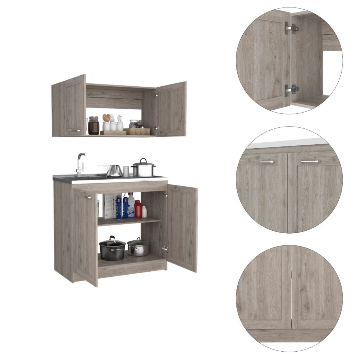 Agate Cabinet With 2 Upper Cabinets And 2 Lower Cabinets, 2 Piece Set, Light Gray