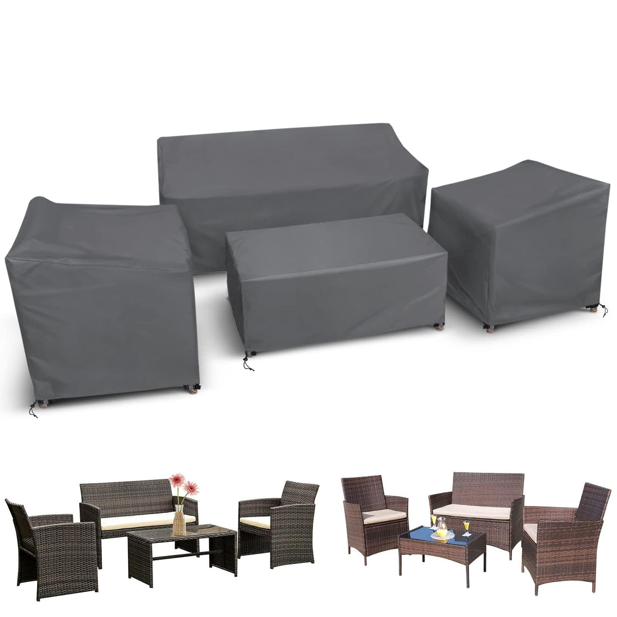 Startwo Patio Furniture Covers 4 Piece Set, Heavy Duty Waterproof Outdoor Furniture Cover, Windproof Patio Cover For Rattan Wicker Conversation Set, Patio Furniture Set Cover, Grey,Large