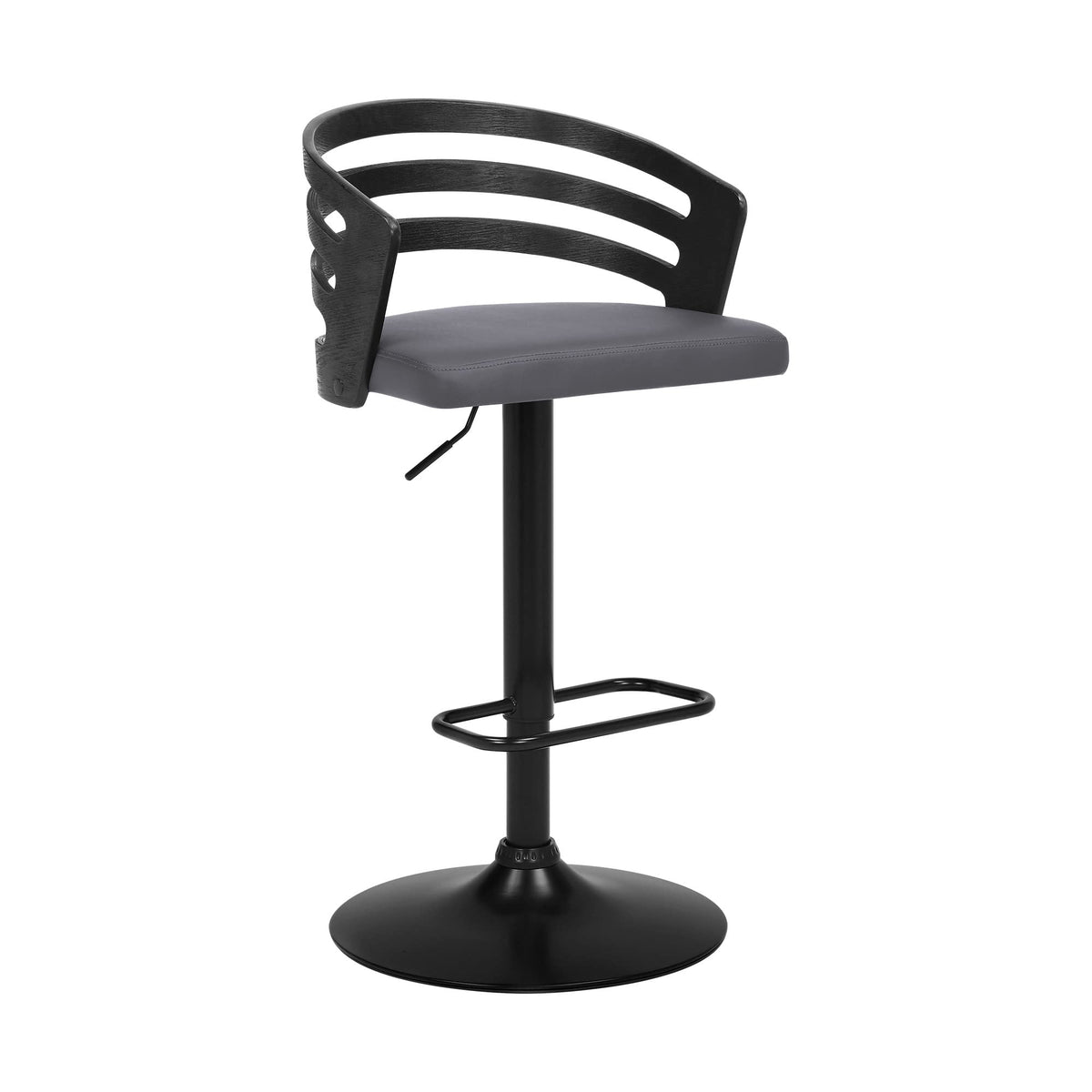 HomeRoots Wood, Metal, Foam Faux Leather Gray Faux Leather Black Wood and Steel Adjustable Swivel Bar Stool