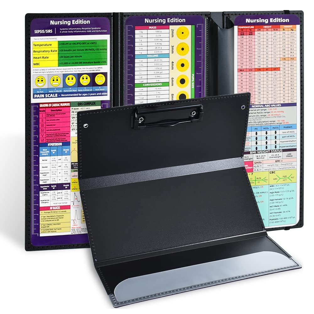 Vuzvuv Nursing Clipboard Foldable,Black Nurse Pocket Clipboard 3 Layers With Nursing Medical Edition Cheat Sheets, Foldable Nurs