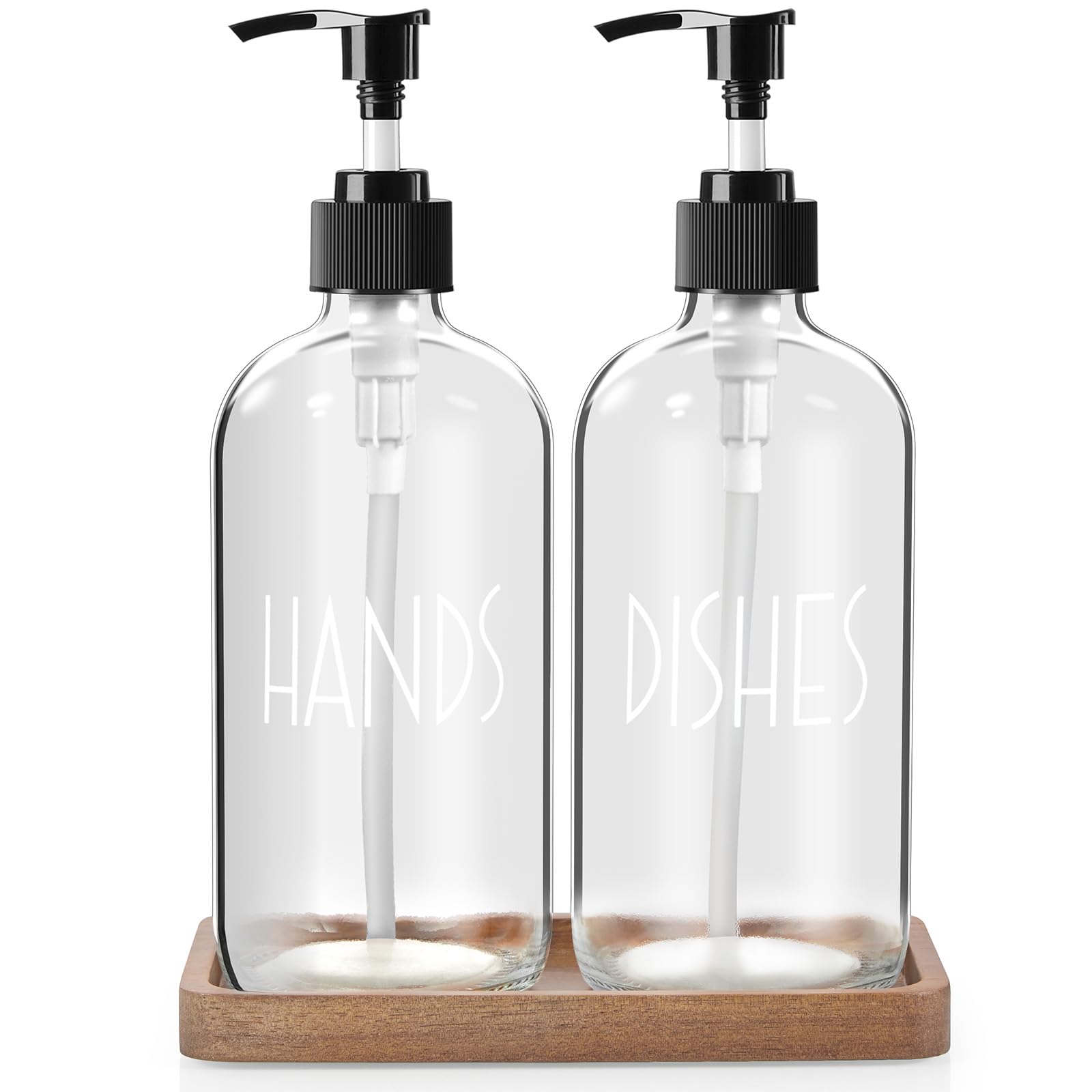 ALELION Glass Soap Dispenser with Pump - 16 OZ Clear Dish and Hand Soap Dispenser Set with Acacia Wood Tray for Kitchen Bathroom