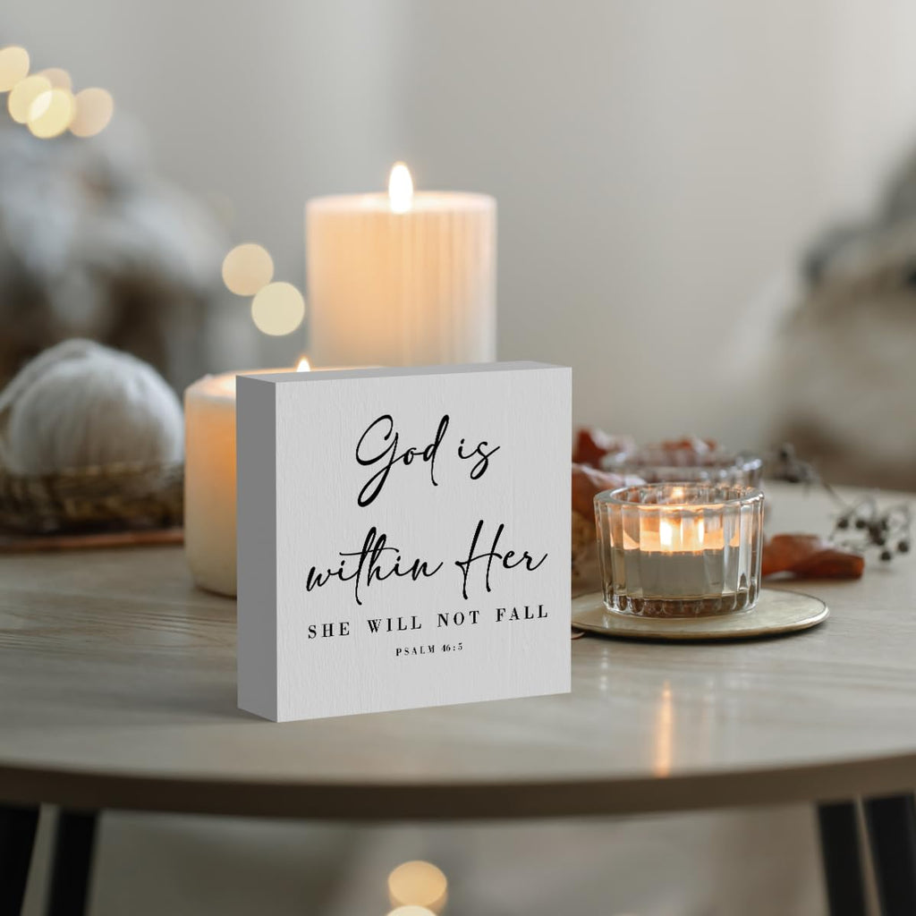 God Is Within Her Bible Verse Artwork Wood Box Sign Rustic Farmhouse Style Psalm 46 : 5 Christian Wood Block Plaque 5 X 5 Inches