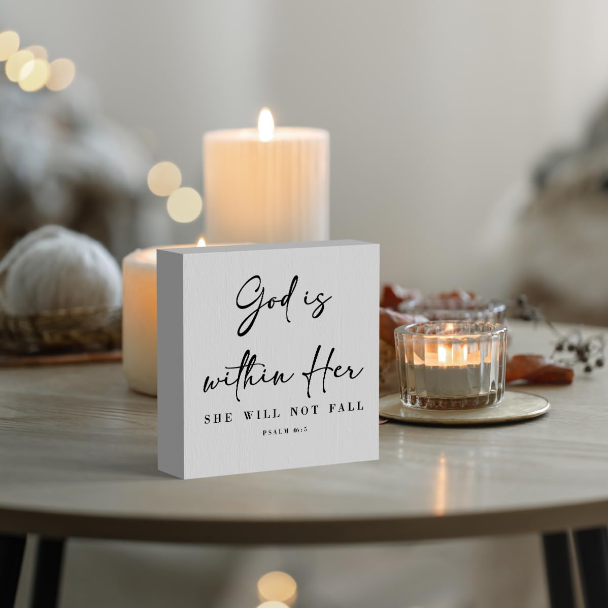 God Is Within Her Bible Verse Artwork Wood Box Sign Rustic Farmhouse Style Psalm 46 : 5 Christian Wood Block Plaque 5 X 5 Inches