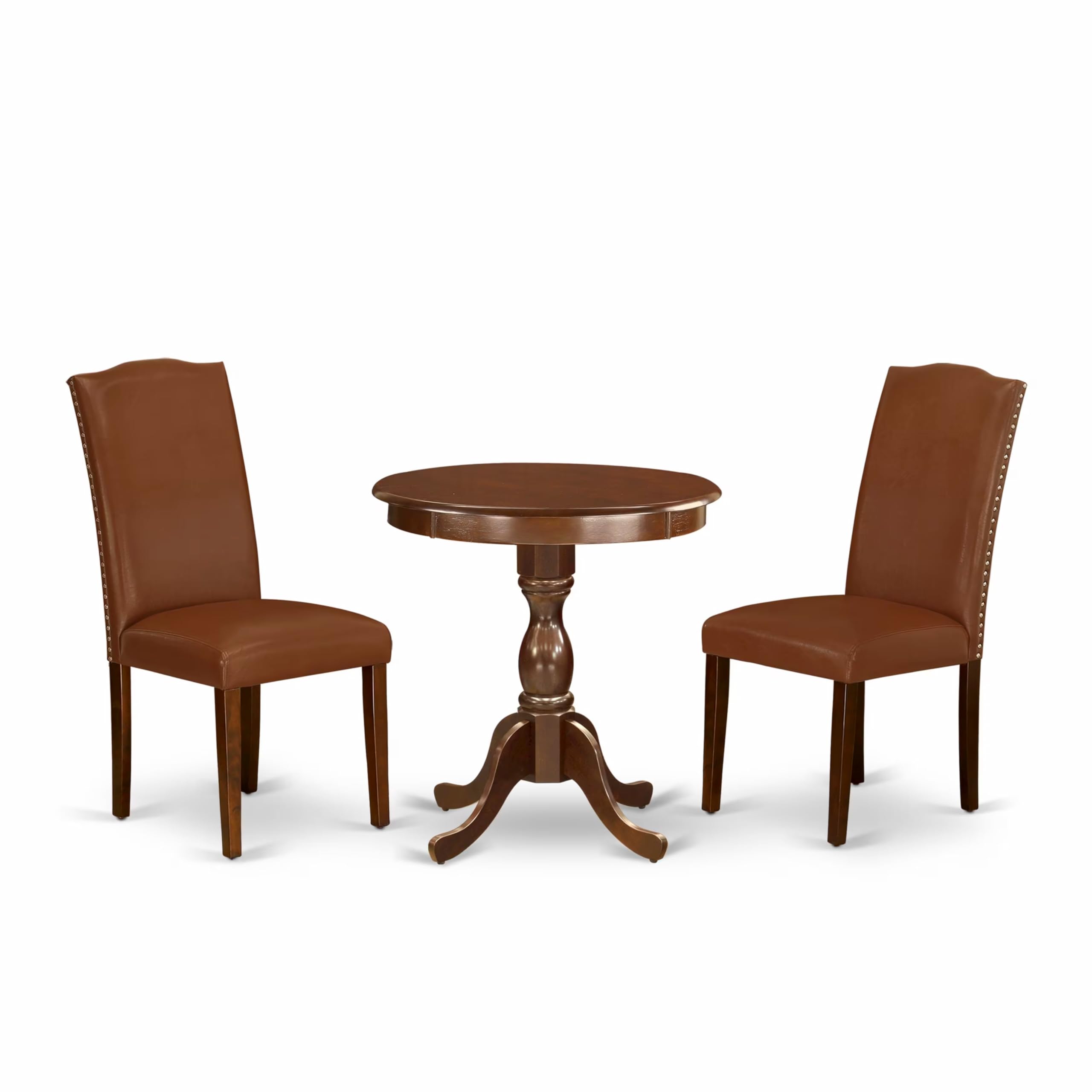 East West Furniture Esen3-Mah-66 3 Piece Kitchen Table Set Contains A Round Dining Table And 2 Brown Faux Faux Leather Upholstered Chairs, 30X30 Inch, Mahogany