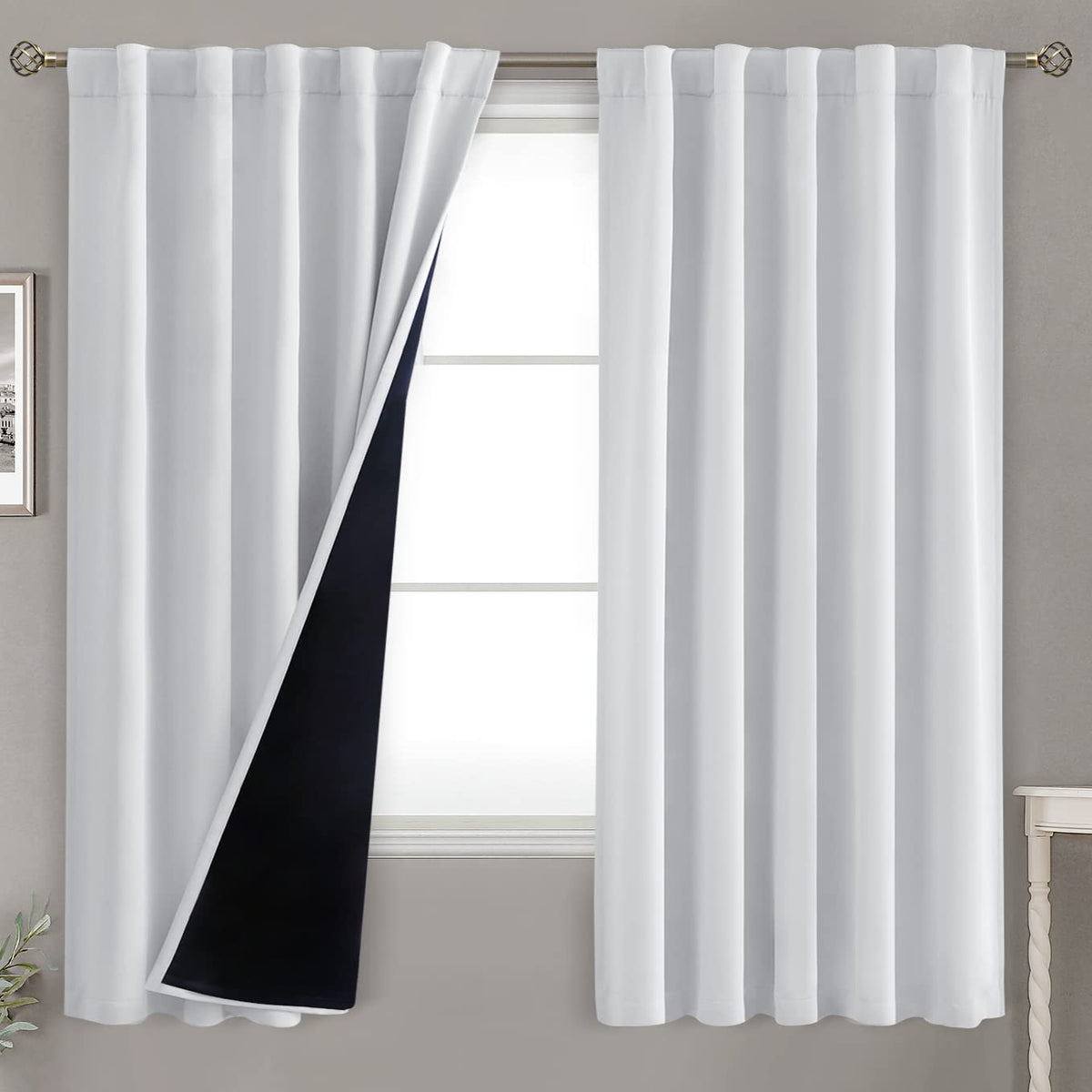 Bgment Greyish White 100% Blackout Curtains 63 Inches Long With Noise-Reducing Liner, Rod Pocket And Back Tab Double Layer Room