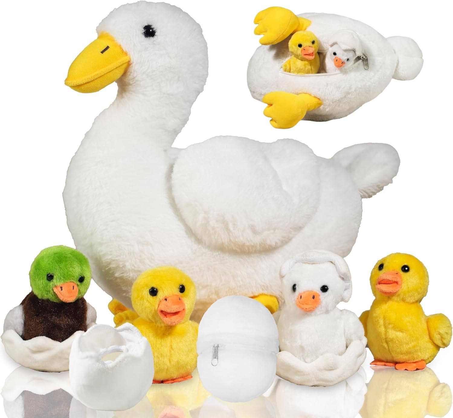 7 In 1 Duck Stuffed Animal Set, Mommy Stuffed White Duck Plush Toy With 4 Baby Ducks And Eggs In Zippered Pouch, Soft Plush Duck