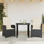 vidaXL 3 Piece Patio Dining Set/Outdoor Reclining Garden Chairs with Cushions/Black Poly Rattan/Glass Tabletop/Adjustable Backrest