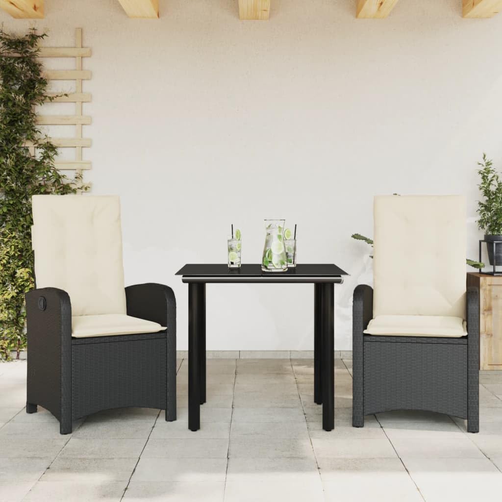 vidaXL 3 Piece Patio Dining Set/Outdoor Reclining Garden Chairs with Cushions/Black Poly Rattan/Glass Tabletop/Adjustable Backrest