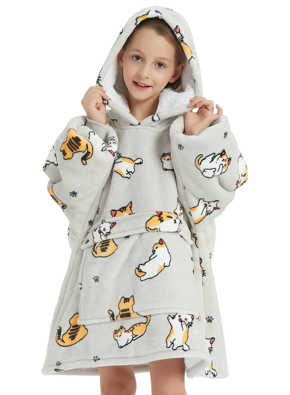 Kfubuo Wearable Blanket Hoodie For Kids Sherpa Patterns Oversized Sweatshirt Blanket With Pocket 6-10 Year Old Girl Boy Birthday