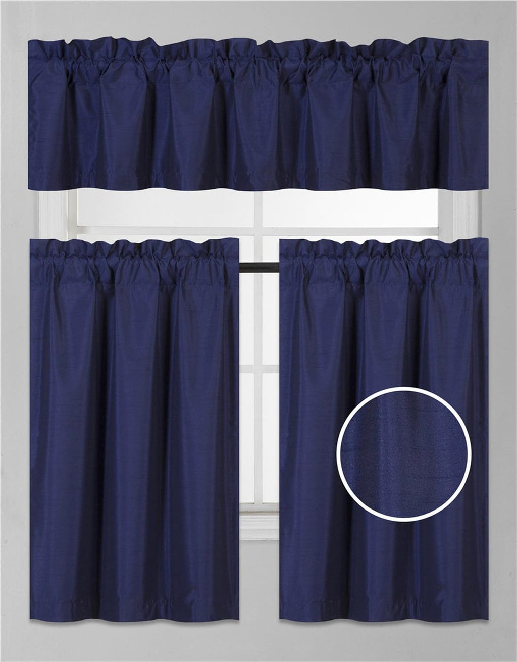 3Pc Set Solid Faux Silk Lined Blackout Rod Pocket Small Kitchen Window Curtain With Valance (K3) (Navy Blue)