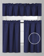 3Pc Set Solid Faux Silk Lined Blackout Rod Pocket Small Kitchen Window Curtain With Valance (K3) (Navy Blue)