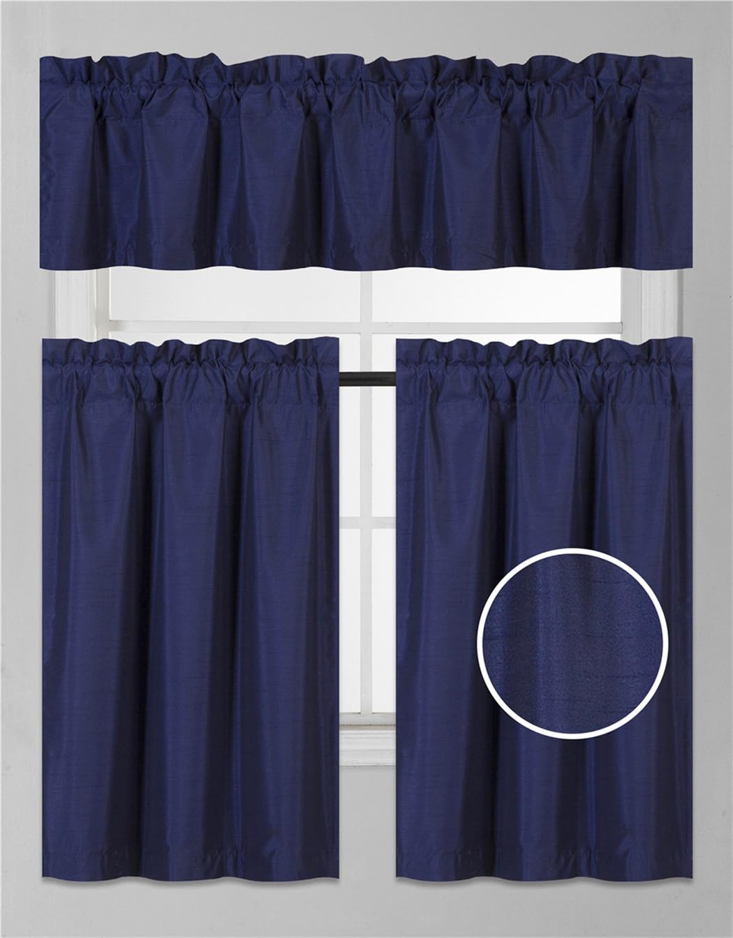 3Pc Set Solid Faux Silk Lined Blackout Rod Pocket Small Kitchen Window Curtain With Valance (K3) (Navy Blue)