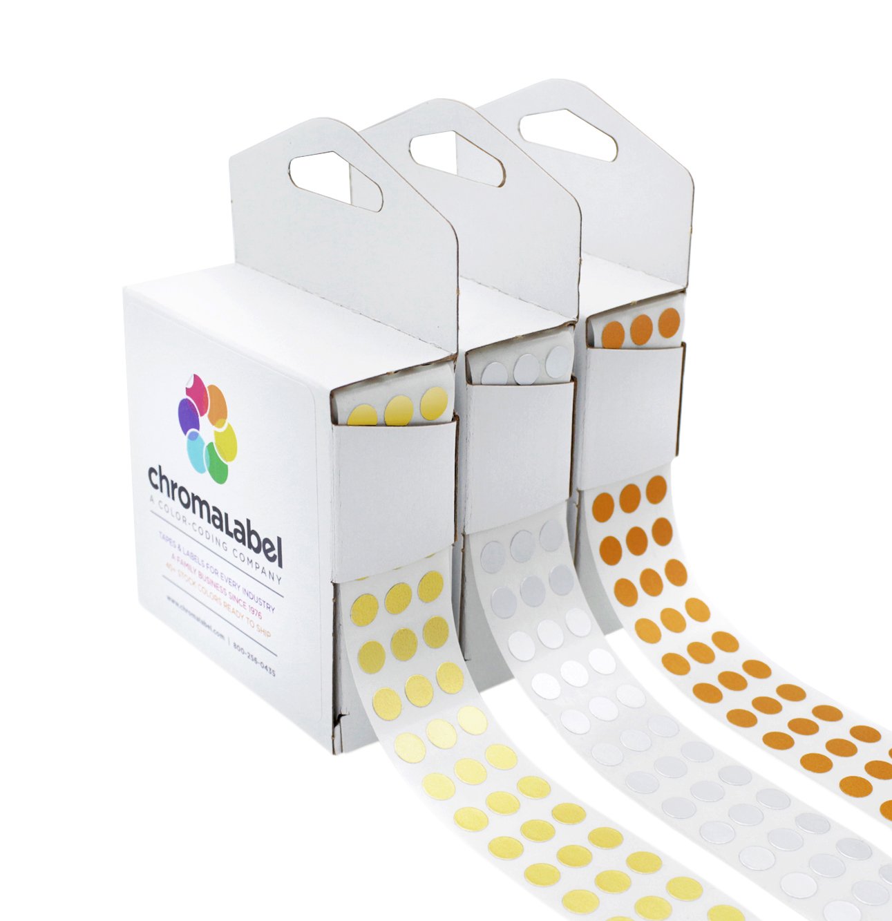 Chromalabel 0.25 Inch Metallic Color Code Dot Stickers, Assorted Gold, Silver, Bronze, 1000 Circle Labels Per Dispenser Box