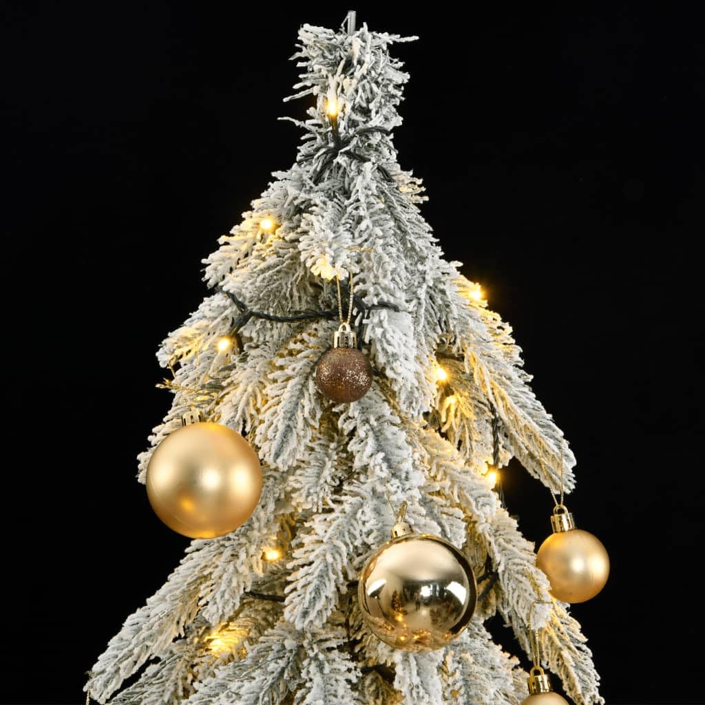 Vidaxl 59.1"" Artificial Christmas Tree With 150 Led Lights And Decorative Ball Set - Flocked Snow, Sturdy Stand, Perfect For Sheltered Outdoor And Indoor Spaces, Gold Ornament Set Included, White