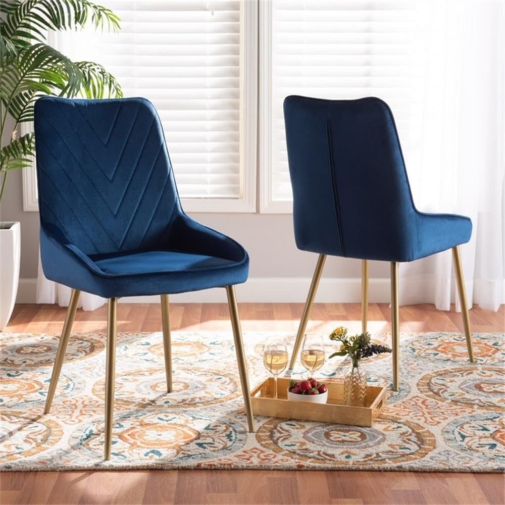 Baxton Studio Priscilla Contemporary Glam and Luxe Navy Blue Velvet Fabric Upholstered and Gold Finished Metal 2-Piece Dining Chair Set