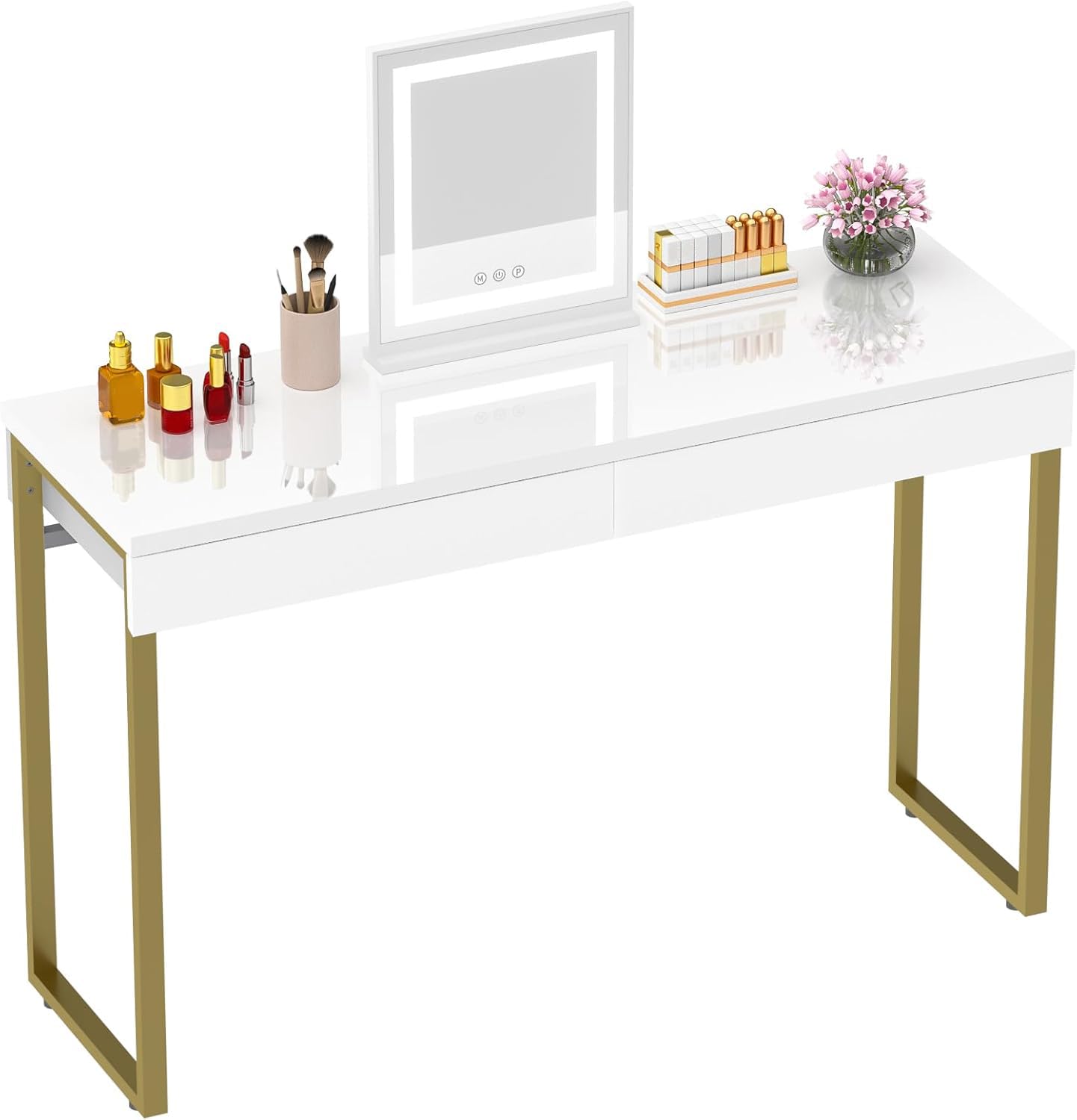 Greenforest Vanity Desk With 2 Drawers,47 Inch White Desk With Glossy Desktop Easy Clean,Makeup Dressing Table With Metal Gold Legs For Home Office Small Spaces,Bedroom