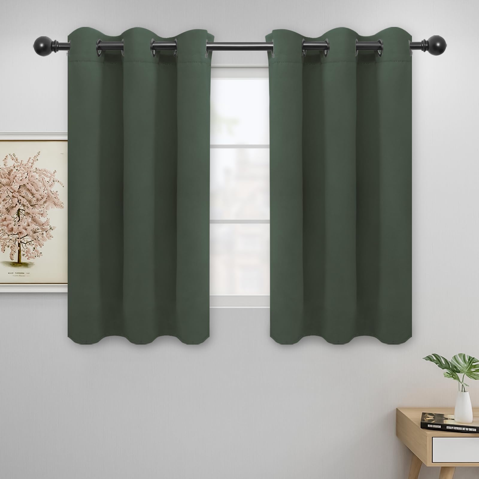 Easy-Going Blackout Curtains For Bedroom, Solid Thermal Insulated Grommet And Noise Reduction Window Drapes, Room Darkening Curtains For Living Room, 2 Panels (42X45 In, Greyish Green)