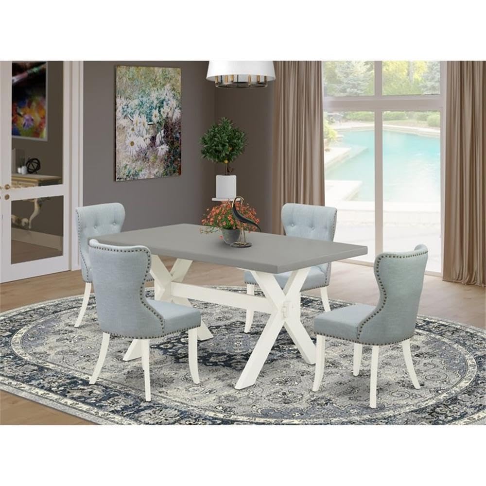 East West Furniture X096Si215-5 5 Piece Dining Room Furniture Set Includes A Rectangle Dining Table With X-Legs And 4 Baby Blue Linen Fabric Upholstered Chairs, 36X60 Inch, Multi-Color