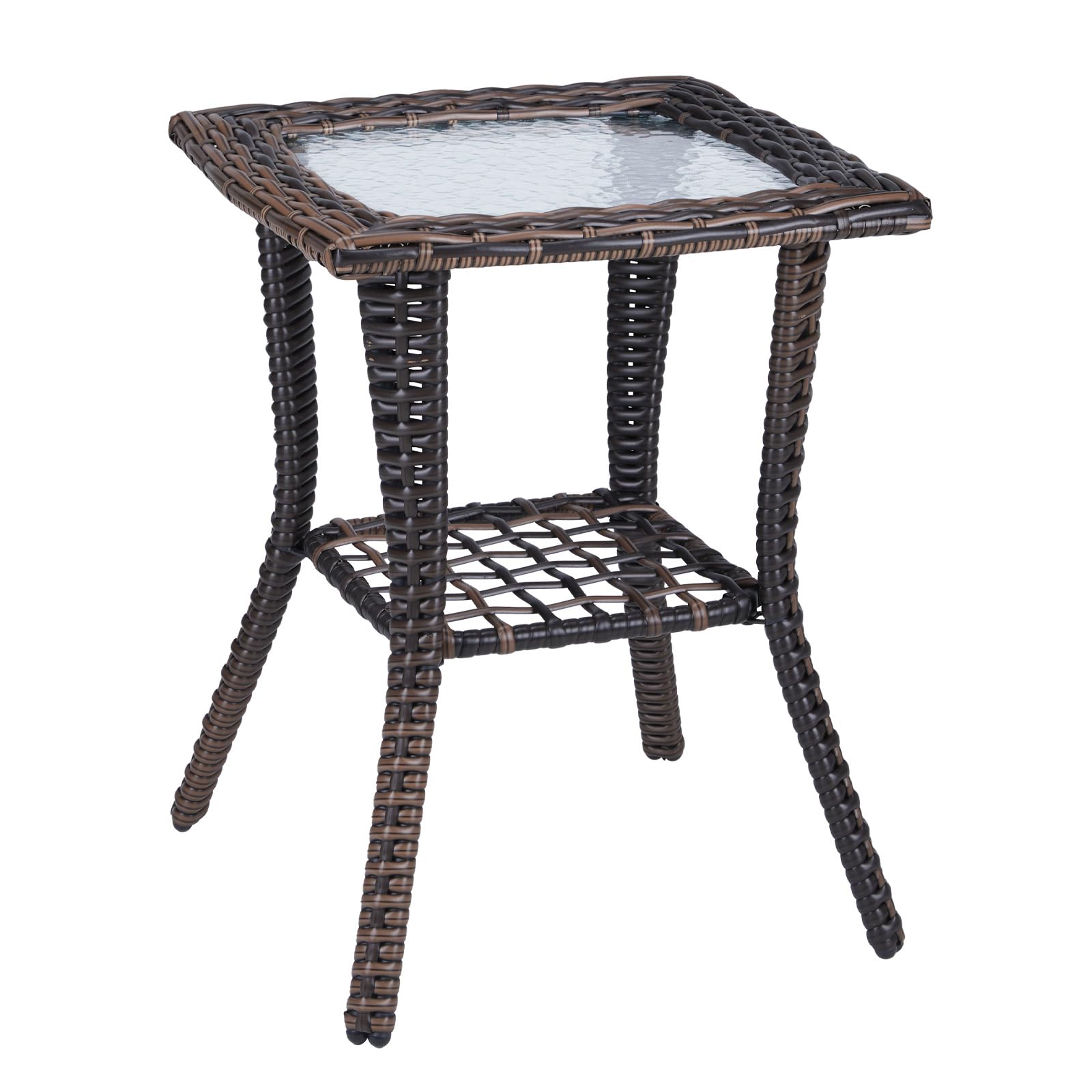 Pinikuyiro Outdoor Side Table with Storage Wicker Patio Side Table, Tempered Glass Top End Table for Balcony Porch Deck (Brown)