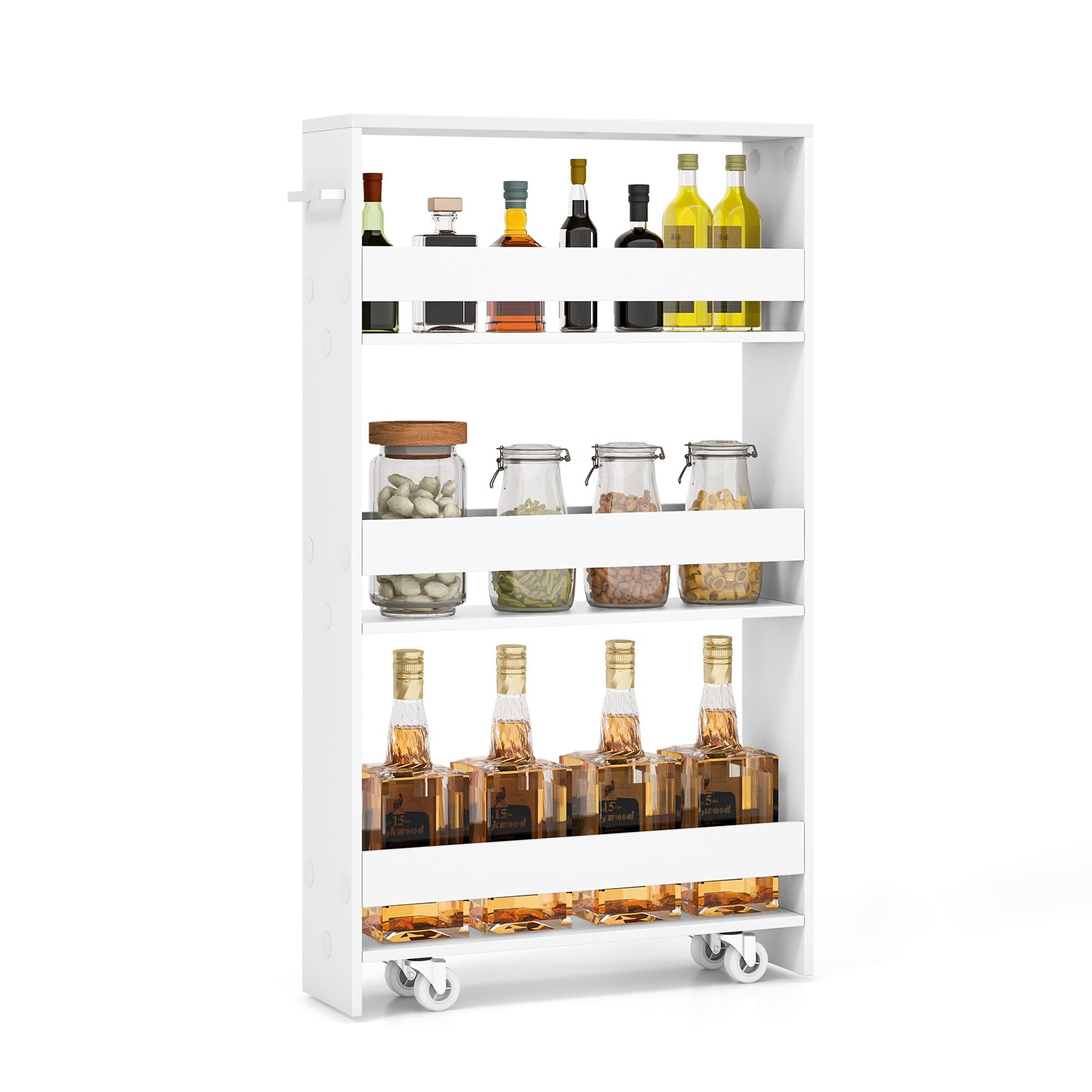 Loko Slim Storage Cart, 4-Tier Rolling Cart With Handle & Wooden Top For Kitchen Bathroom Laundry Living Room Narrow Small Space