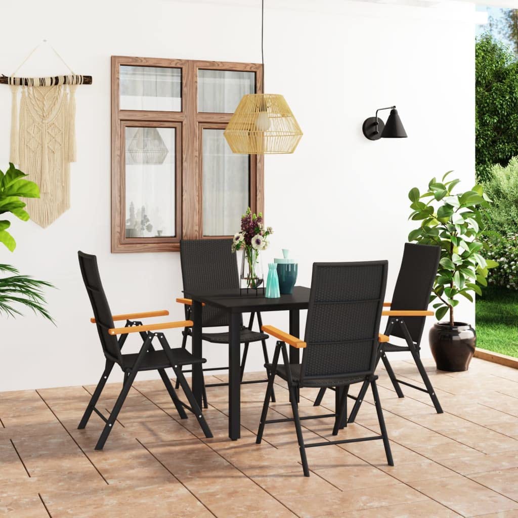 vidaXL 5-Piece Patio Dining Set - Weather-Resistant PE Rattan Chairs with WPC Armrests and Glass Table - Black and Brown - Suitable for Garden, Patio, Terrace