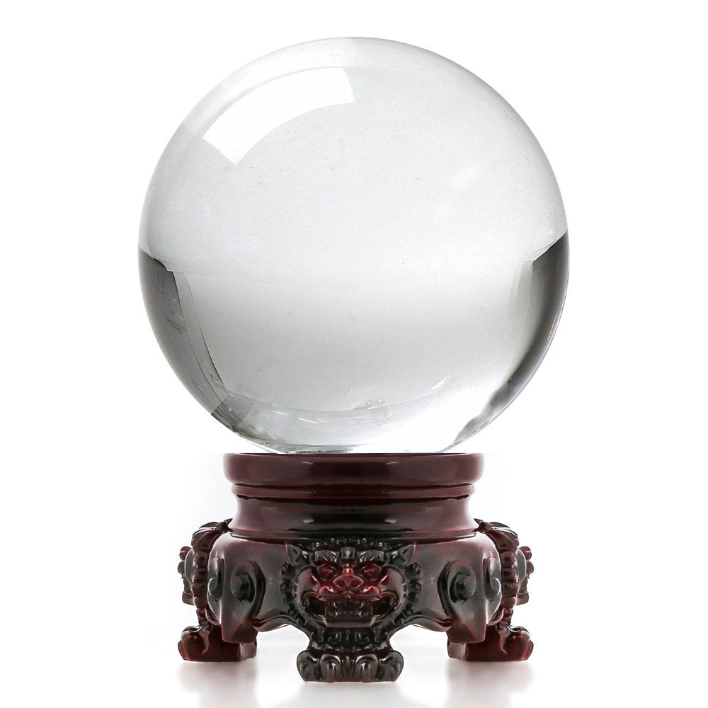 Amlong Crystal 3 inch (80mm) Clear Crystal Ball with Redwood Lion Resin Stand and Gift Box for Decorative Ball, Lensball Photogr