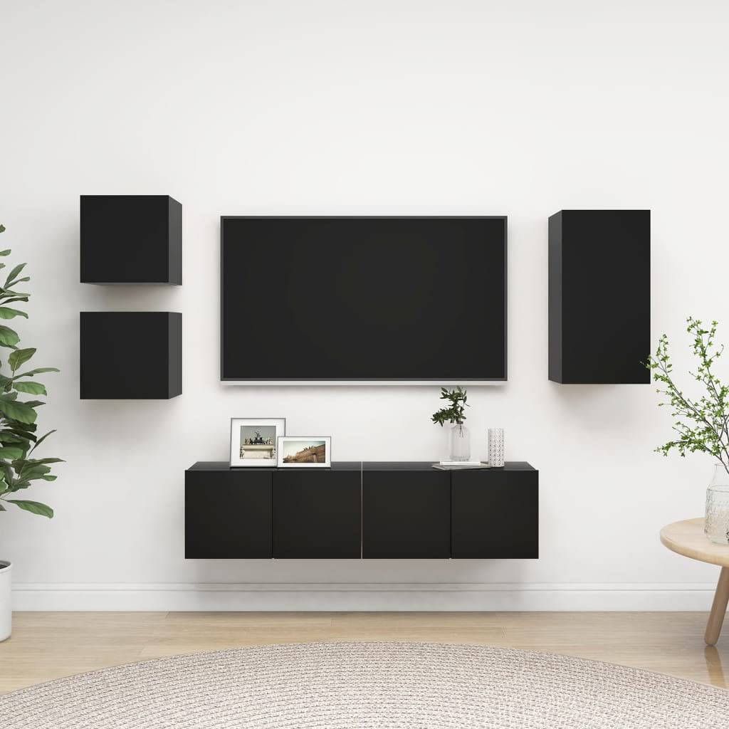 vidaXL TV Cabinet Set 5 Piece Home Indoor Living Room Hanging Wall-Mounted Stereo Plasma HiFi Cabinet TV Stand Unit Furniture Black Engineered Wood